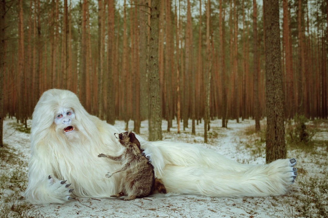 A snowy yeti-like creature with white fur lies in a snowy forest next to a furry raccoon. The yeti creature appears to be in shock.